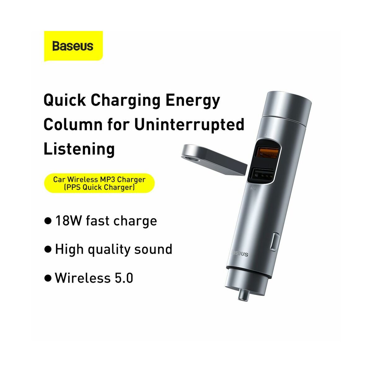 Kép 8/14 - Baseus autós töltő, Bluetooth Fm Transmitter Energy Column MP3 PPS QC 2xUSB 18W, ezüst (CCNLZ-C0S)