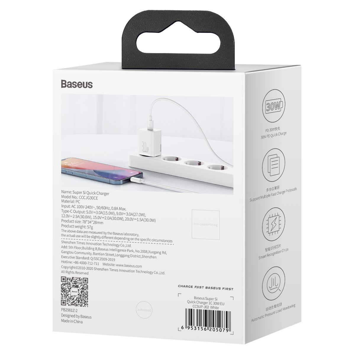 Kép 3/16 - Baseus hálózati töltő, Super Si 1C, gyorstöltő, Type-C, 30W, EU, fehér (CCSUP-J02)