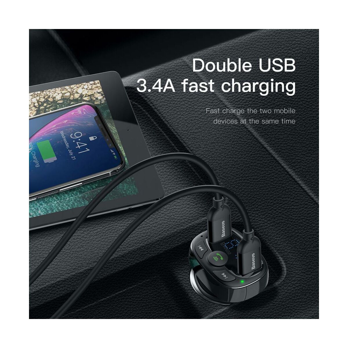 Baseus autós töltő, Bluetooth Fm Transzmitter T-Type 2xUSB MicroSD, fekete (CCTM-01)