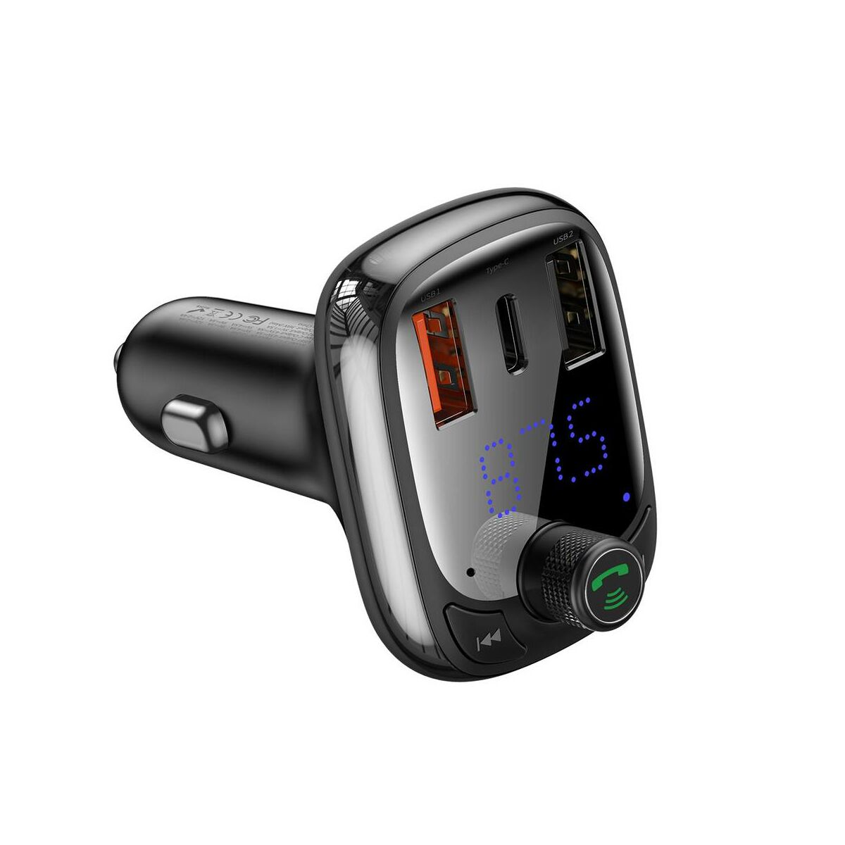 Kép 6/14 - Baseus autós töltő, T-typed okos gyors töltés funkcióval, Bluetooth MP3 hallgatás, 5A, fekete (CCTM-B01)