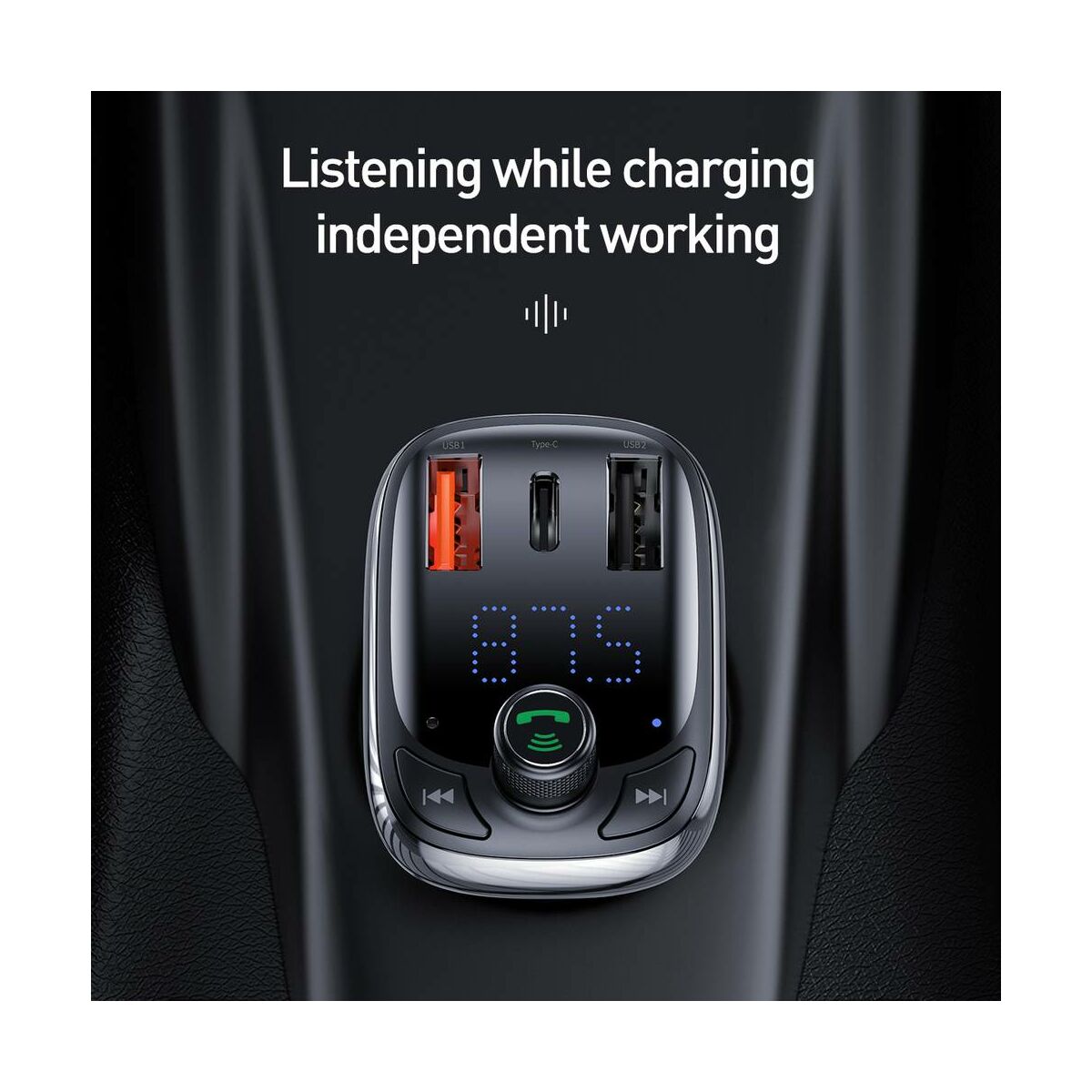 Kép 8/14 - Baseus autós töltő, T-typed okos gyors töltés funkcióval, Bluetooth MP3 hallgatás, 5A, fekete (CCTM-B01)