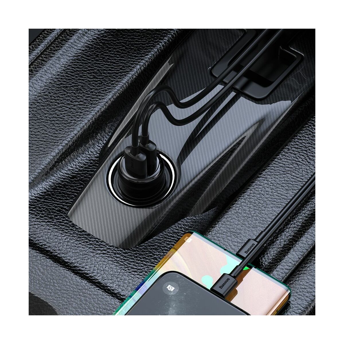 Kép 8/10 - Baseus autós töltő, Bluetooth Fm Transzmitter T-Type S-16 műszerfalra szerelhető kijelzővel, 2xUSB MicroSD, fekete (CCTM-E01)