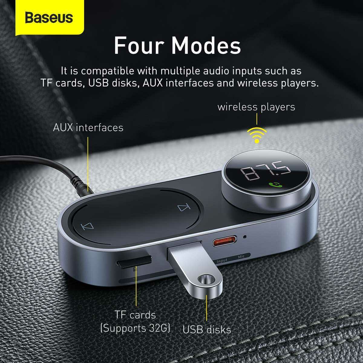 Baseus autós kiegészítő, Solar Car napelemes, Bluetooth vezetéknélküli MP3, BT 5.0, Mágneses töltő csatlak, USB, AUX, fekete (CDMP000001)