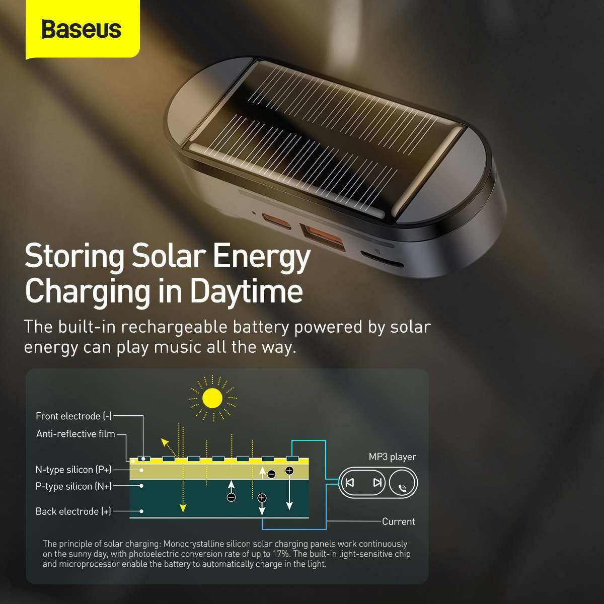 Kép 14/19 - Baseus autós kiegészítő, Solar Car napelemes, Bluetooth vezetéknélküli MP3, BT 5.0, Mágneses töltő csatlak, USB, AUX, fekete (CDMP000001)
