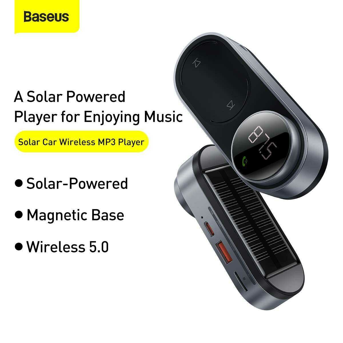 Kép 15/19 - Baseus autós kiegészítő, Solar Car napelemes, Bluetooth vezetéknélküli MP3, BT 5.0, Mágneses töltő csatlak, USB, AUX, fekete (CDMP000001)