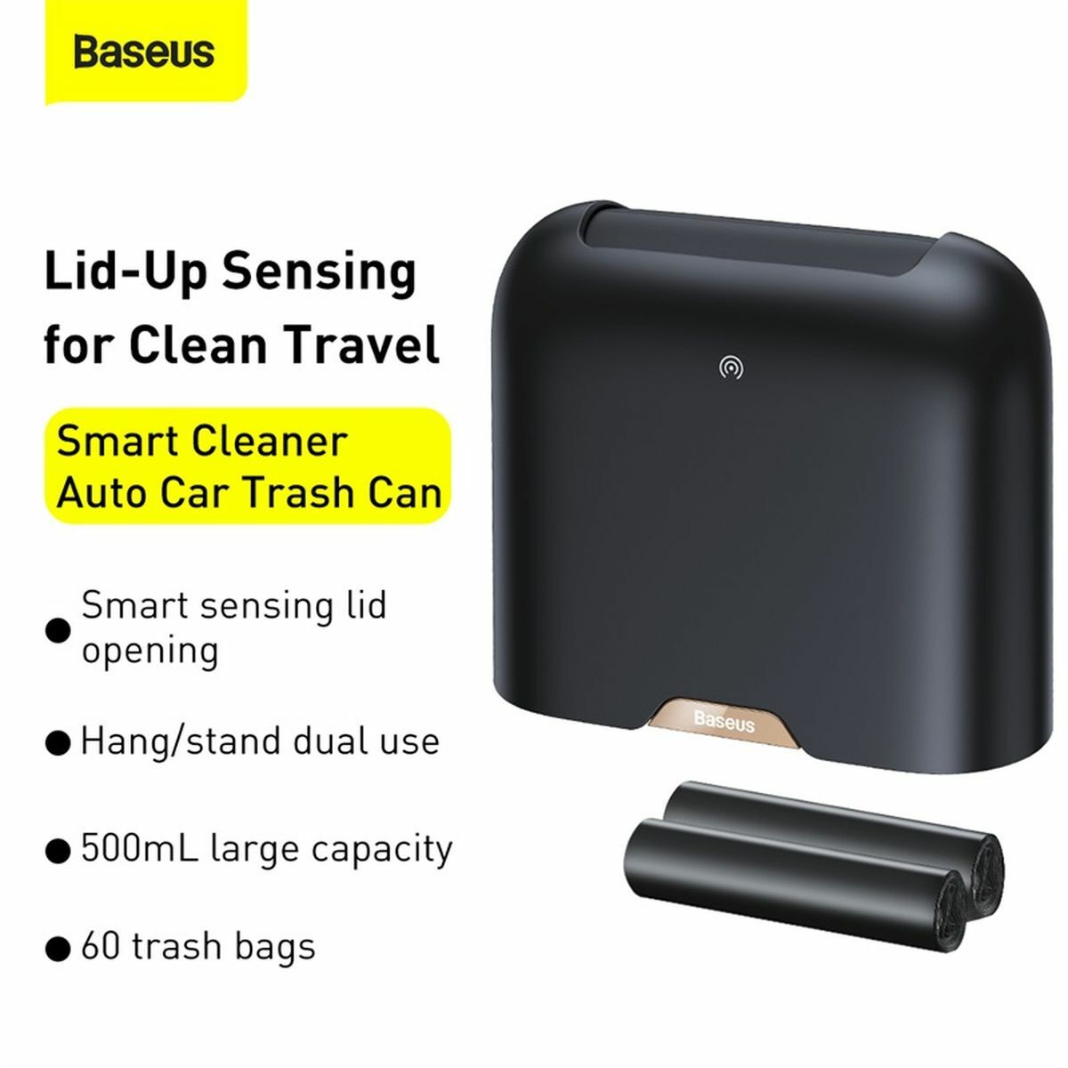 Kép 13/18 - Baseus autós kiegészítő, Smart Cleaner autós szemetes kuka, hátsó üléshez rögzíthető, szenzoros nyitás (ajándék szemetes zsák, 2 Roll / 60 db) fekete (CRLJT01-01)