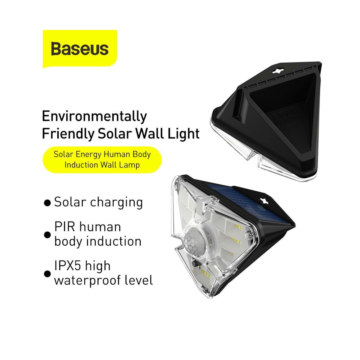 Kép 3/18 - Baseus otthon, Energy collection 3szög alakú napelemes, mozgásérzékelős fali LED lámpa, 0-8m és 120 fok, IPX5, (4db/doboz) fekete (DGNEN-B01