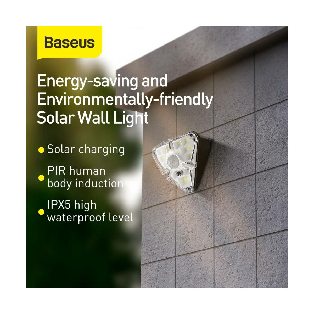 Kép 4/18 - Baseus otthon, Energy collection 3szög alakú napelemes, mozgásérzékelős fali LED lámpa, 0-8m és 120 fok, IPX5, (4db/doboz) fekete (DGNEN-B01