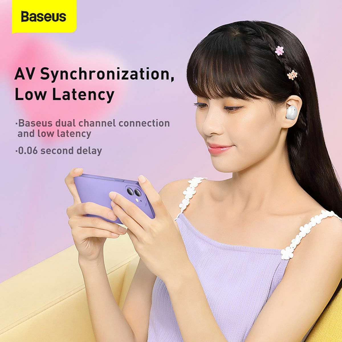 Baseus fülhallgató, Bluetooth Bowie E2, BT 5.2, TWS AV Synchronization, alacsony késleltetés, IP55, fehér (NGTW090002)