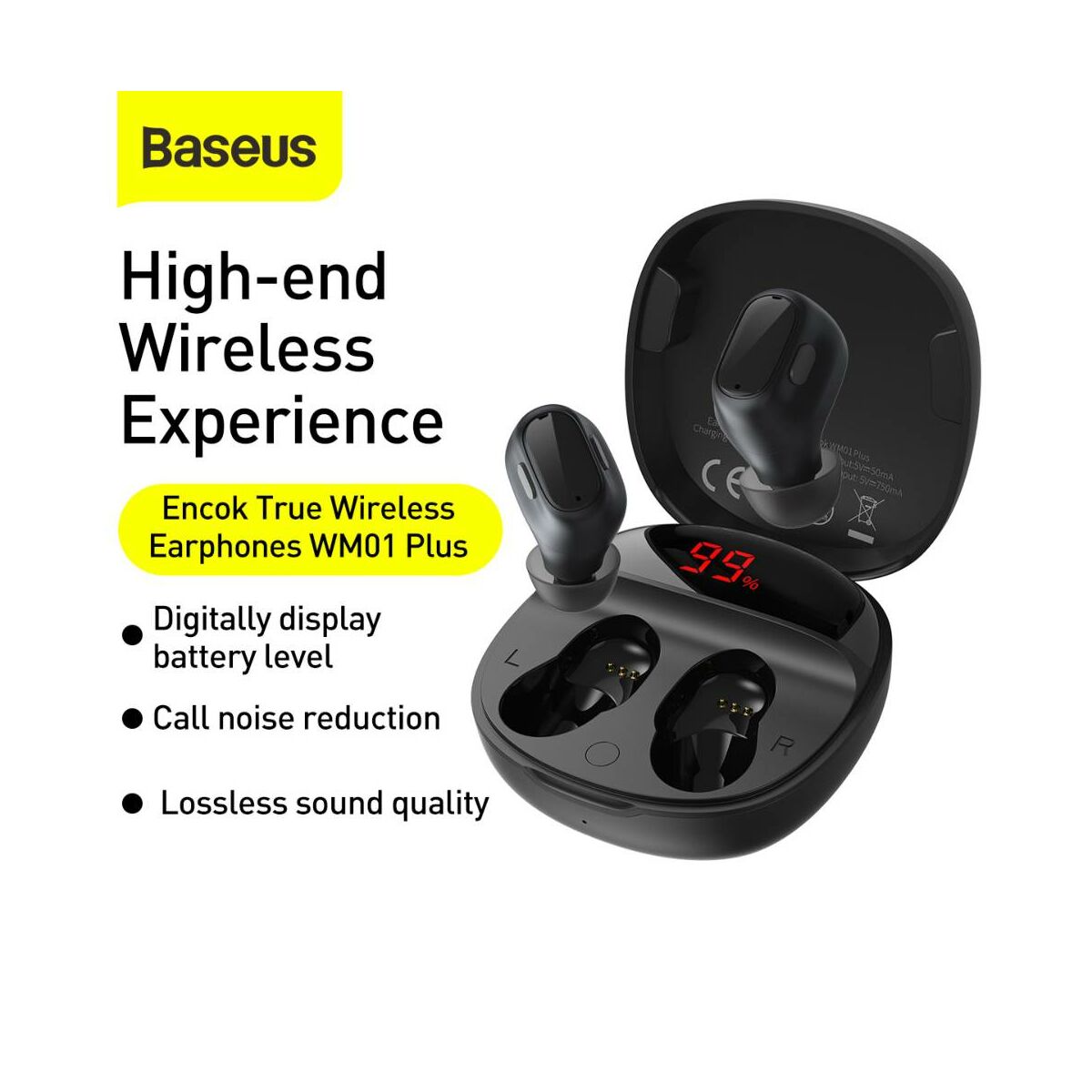 Kép 5/16 - Baseus fülhallgató, Bluetooth Encok WM01 True Wireless, vezeték nélküli, BT 5.0 TWS, akár 10m kommunikációs távolság, fekete (NGWM01P-01)