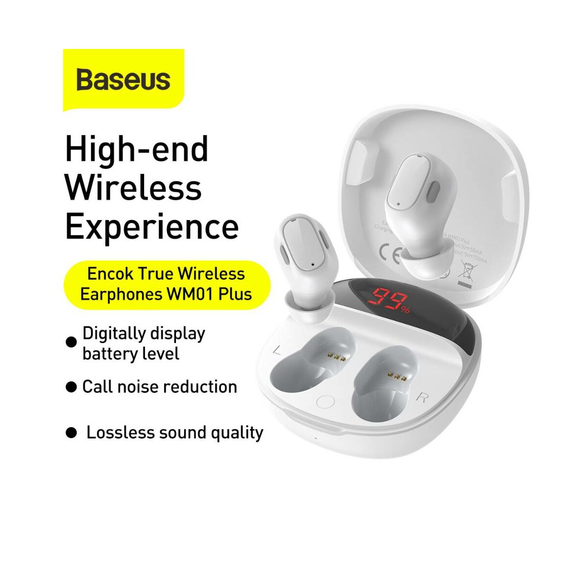 Baseus fülhallgató, Bluetooth Encok WM01 True Wireless, vezeték nélküli, BT 5.0 TWS, akár 10m kommunikációs távolság, fehér (NGWM01P-02)