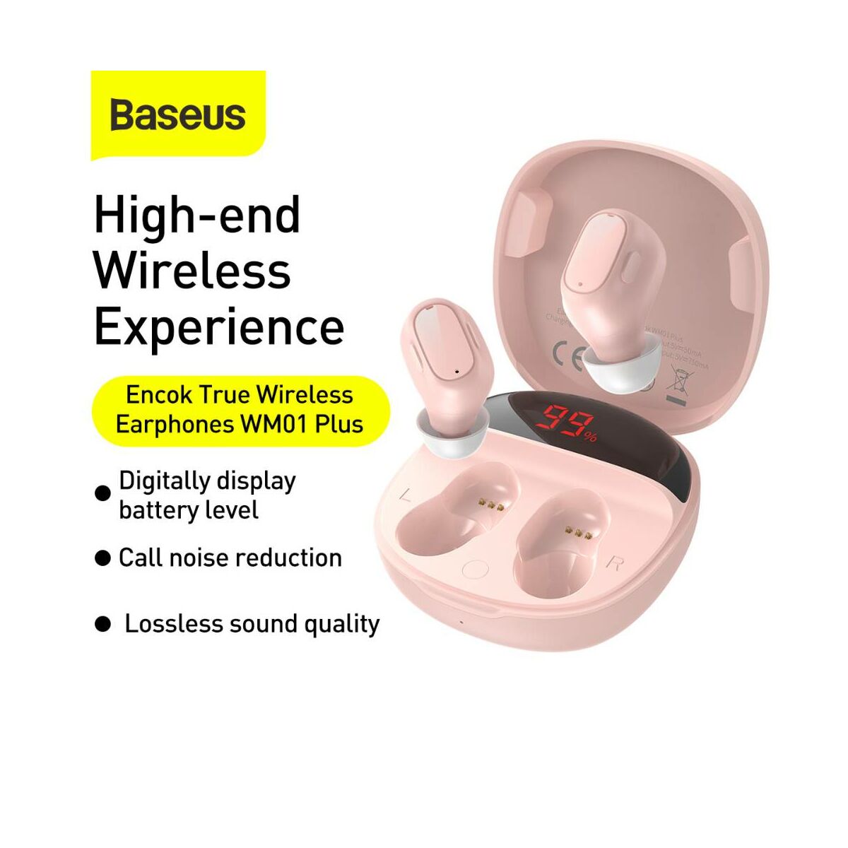 Kép 5/16 - Baseus fülhallgató, Bluetooth Encok WM01 True Wireless, vezeték nélküli, BT 5.0 TWS, akár 10m kommunikációs távolság, rózsaszín (NGWM01P-04)
