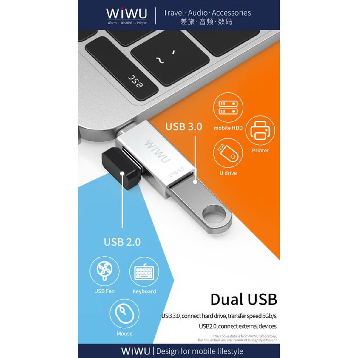Kép 4/12 - WiWU átalakító, T02 Type-C bemenetről - 2xUSB3.0 adapter, ezüst