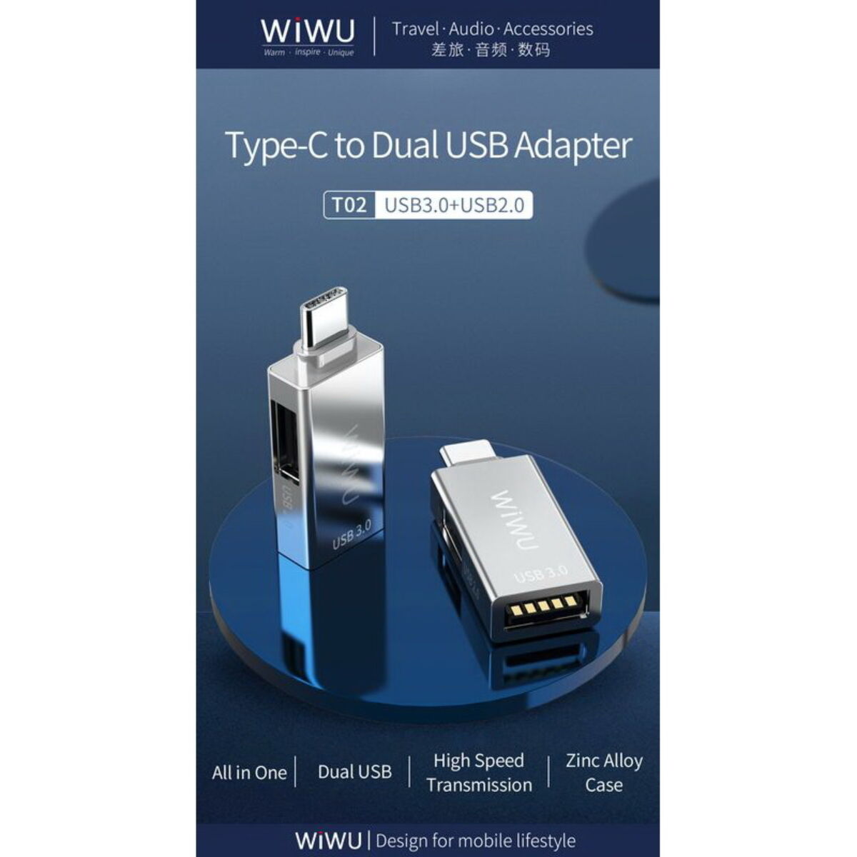 Kép 7/12 - WiWU átalakító, T02 Type-C bemenetről - 2xUSB3.0 adapter, ezüst