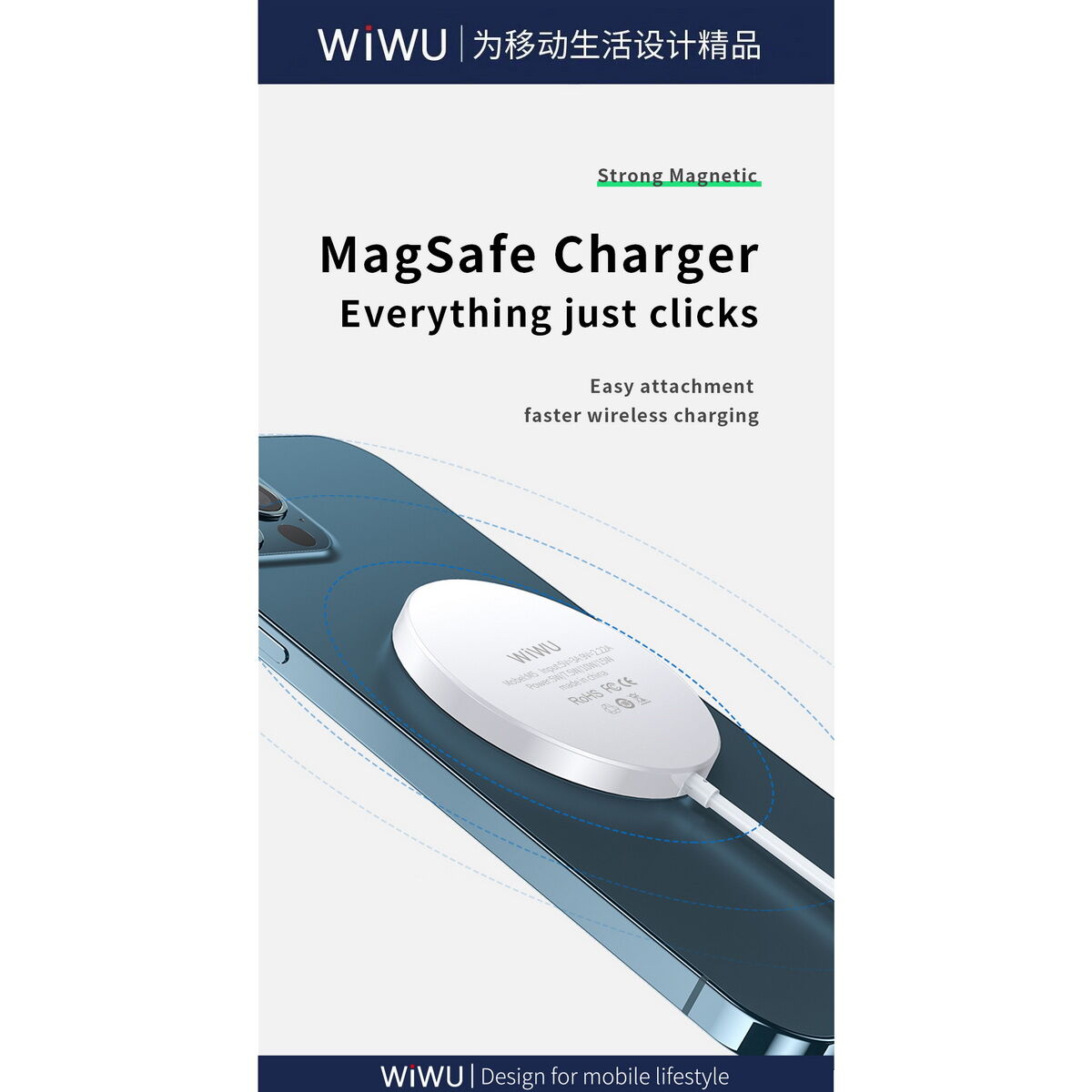 Kép 14/19 - WiWU Vezeték nélküli töltő, MagSafe funkcióval (M5) iPhone 12 töltéssel kompaibilis, 15W, fehér, EU