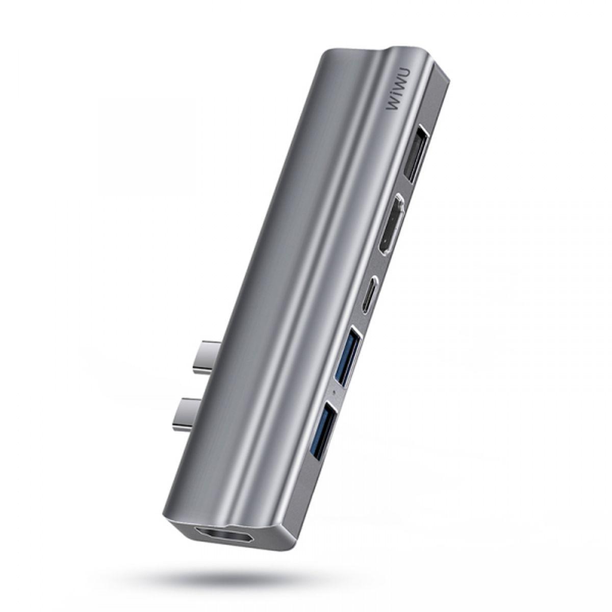 Kép 2/5 - WiWU HUB T9 Ethernet 8-in-1 (Type C bemenetről - 2xHDMI2 + 2xUSB3.0 + 1xUSB2.0 + SD + TF + PD) szürke