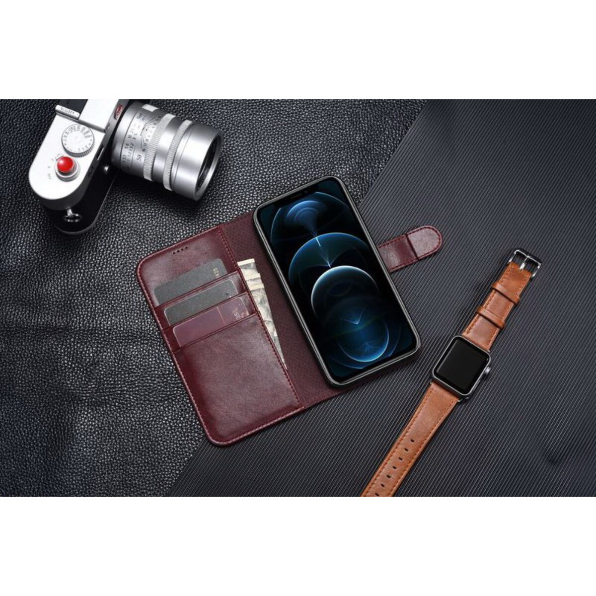 Kép 9/10 - iCarer iPhone 12 mini (5.4) tok, Luxury Leather Sorozat oldalt nyíló (fémcsattal az elején), piros