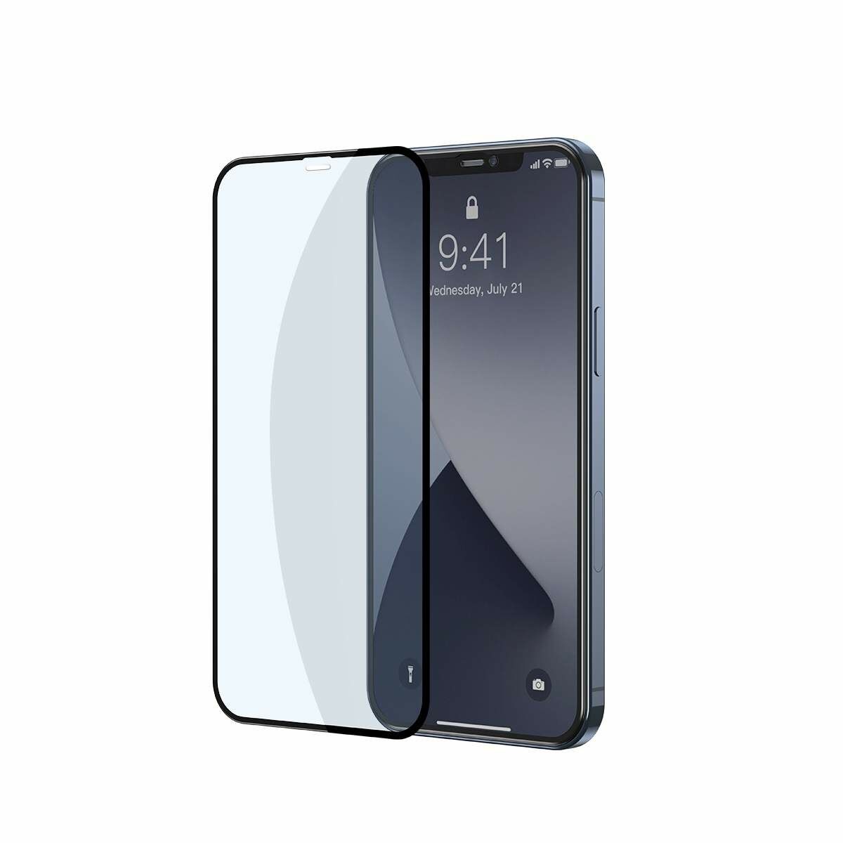 Kép 3/13 - Baseus iPhone 12 mini 0.3 mm, teljes felületre, lekerekített edzett üveg, kékfény szűrős (2 db), fekete (SGAPIPH54N-KB01)