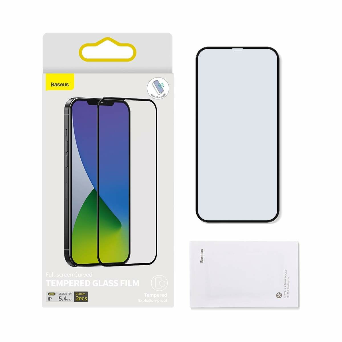 Kép 4/13 - Baseus iPhone 12 mini 0.3 mm, teljes felületre, lekerekített edzett üveg, kékfény szűrős (2 db), fekete (SGAPIPH54N-KB01)