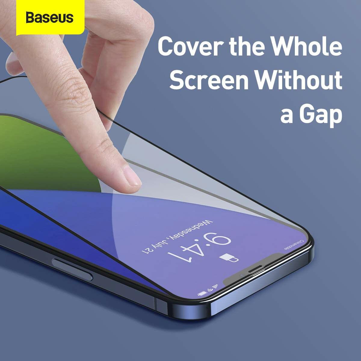 Kép 10/13 - Baseus iPhone 12 mini 0.3 mm, teljes felületre, lekerekített edzett üveg, kékfény szűrős (2 db), fekete (SGAPIPH54N-KB01)