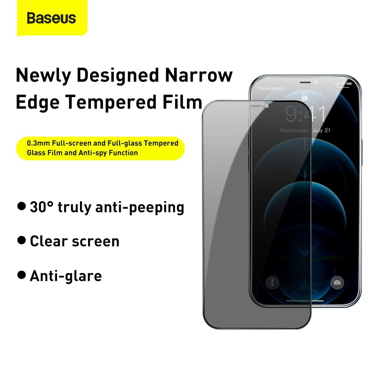 Kép 5/17 - Baseus iPhone 12 mini 0.3 mm, teljes felületre, edzett üveg, betekintés védelem (2db + keret), fekete (SGAPIPH54N-KR01)