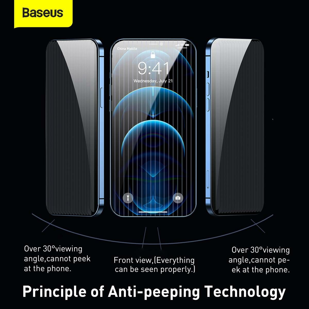 Kép 7/17 - Baseus iPhone 12 mini 0.3 mm, teljes felületre, edzett üveg, betekintés védelem (2db + keret), fekete (SGAPIPH54N-KR01)