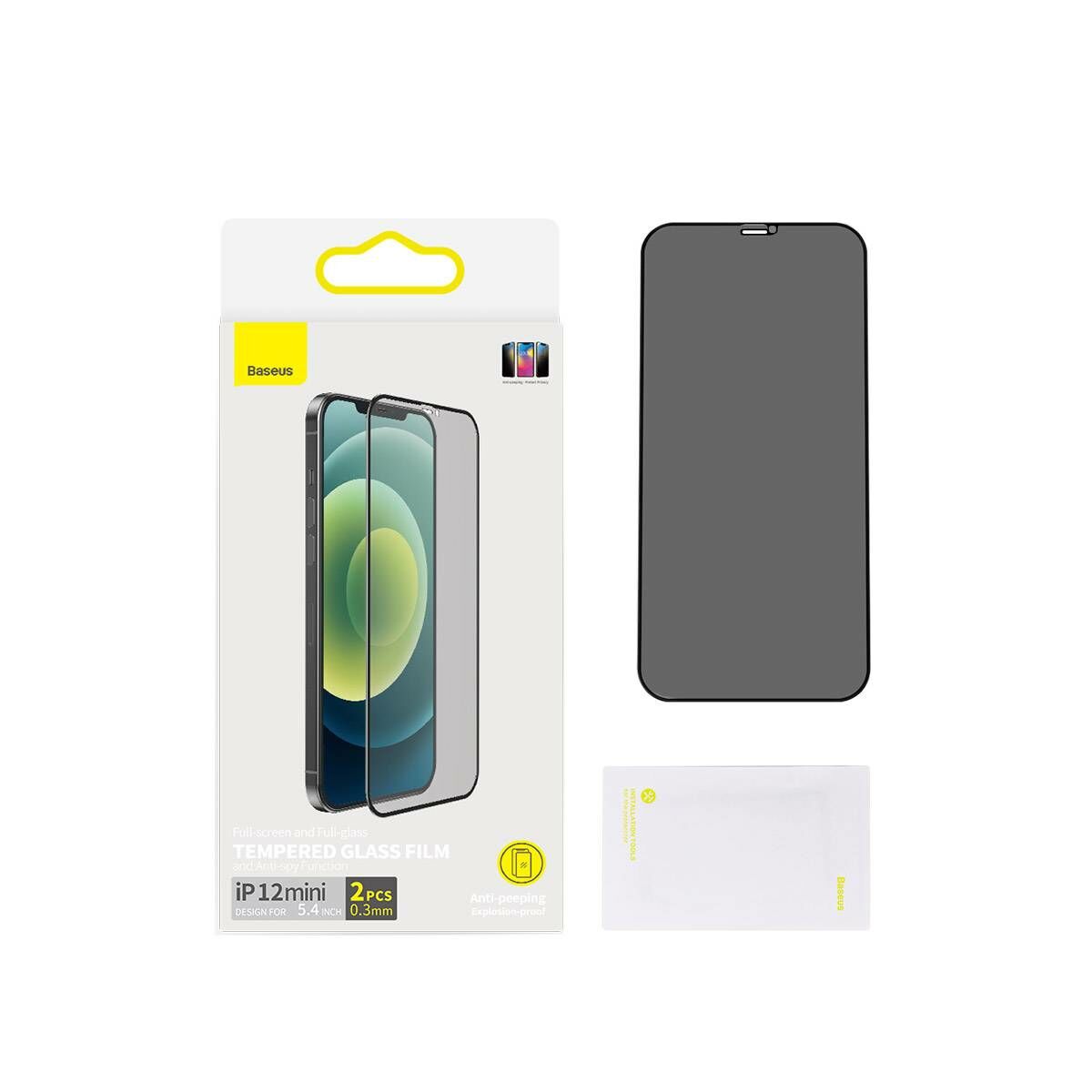 Baseus iPhone 12 mini 0.3 mm, teljes felületre, edzett üveg, betekintés védelem (2db + keret), fekete (SGAPIPH54N-KR01)