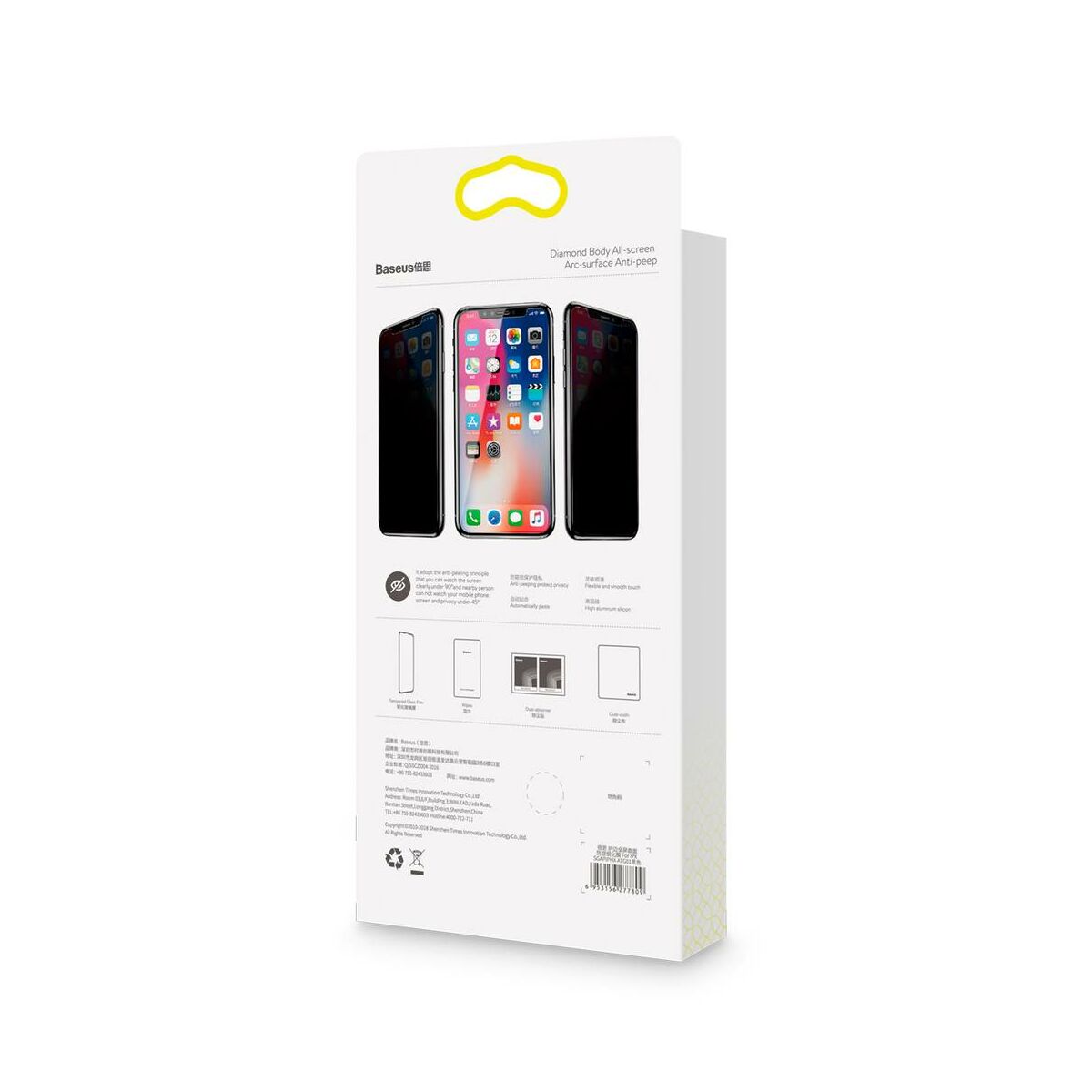 Kép 9/9 - Baseus iPhone XS Max (6.5") 0.3 mm, Rigid-lekerekített, teljes felületre, Anti-Spy edzett üveg kijelzővédő fólia, fekete (SGAPIPH65-ATG01)