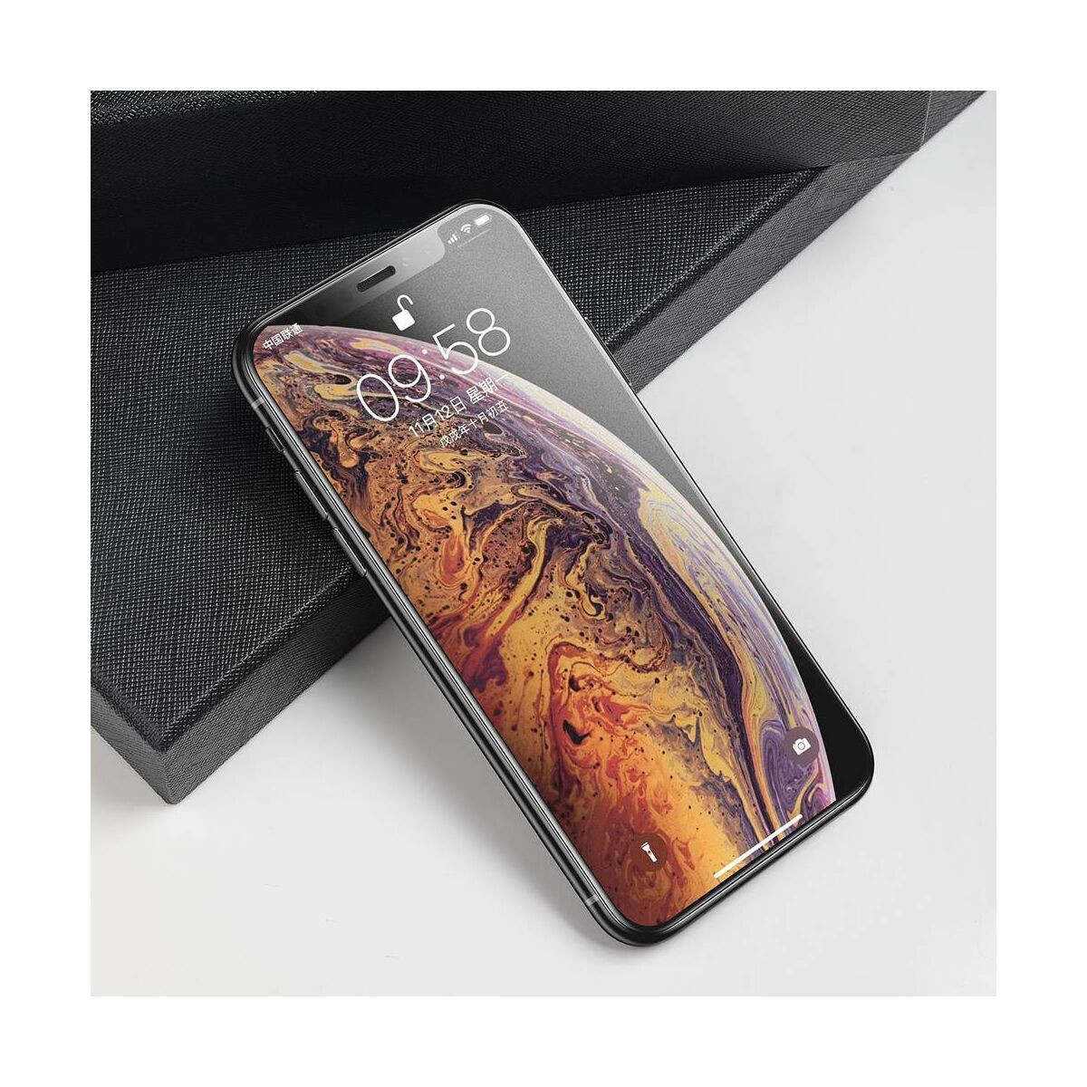 Baseus iPhone XS Max (6.5") 0.3 mm, teljes felületre lekerekített matt edzett üveg, fekete (SGAPIPH65-KM01)