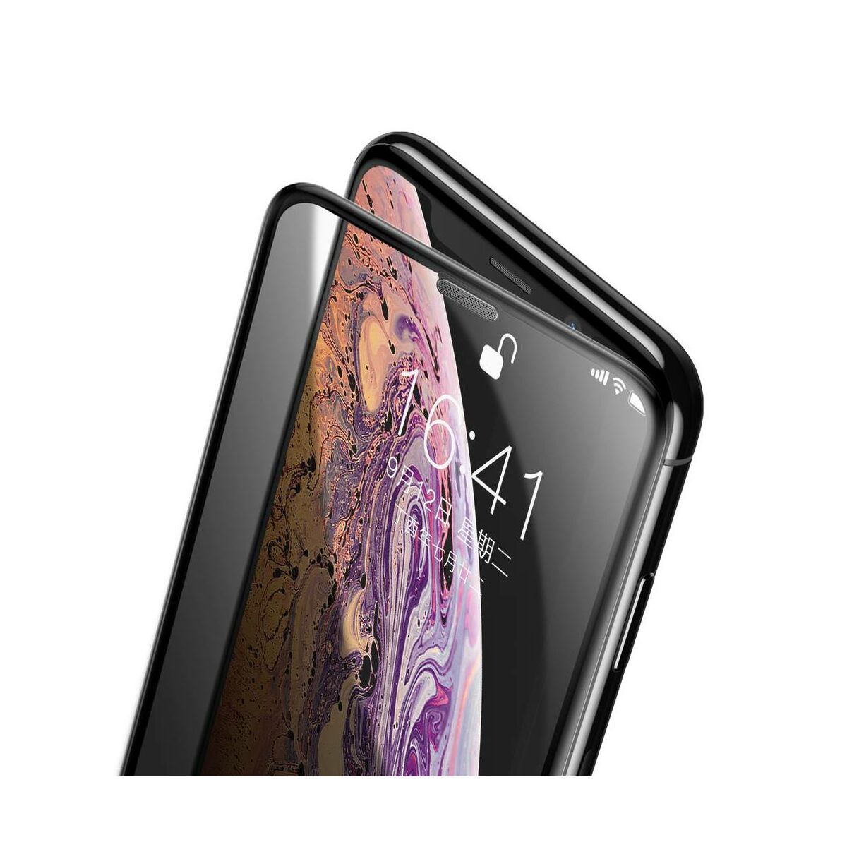 Kép 2/8 - Baseus iPhone XS Max (6.5") 0.23 mm, teljes felületre lekerekített edzett üveg Anti-Spy por elleni védelem fekete (SGAPIPH65-WC01)