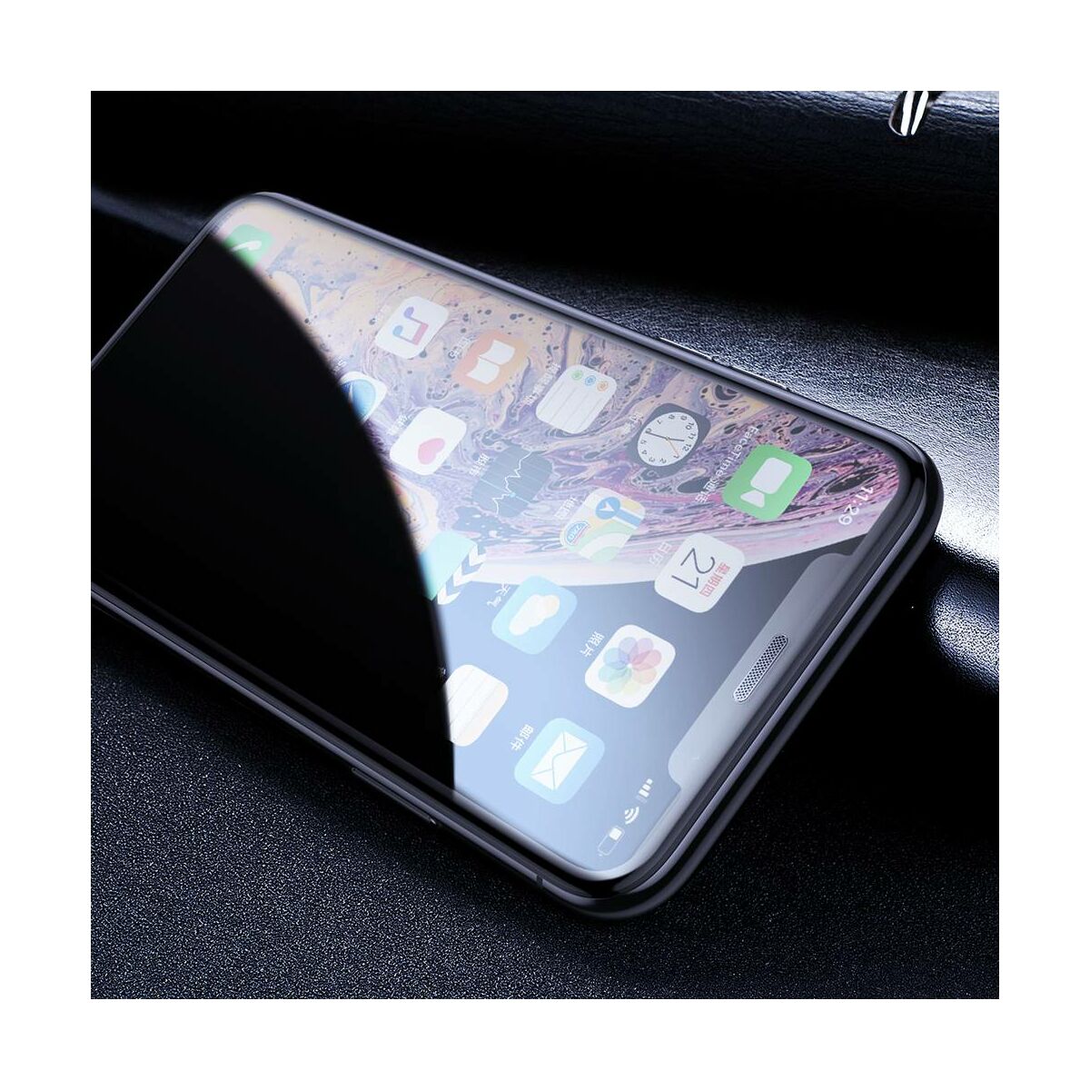 Kép 8/8 - Baseus iPhone XS Max (6.5") 0.23 mm, teljes felületre lekerekített edzett üveg Anti-Spy por elleni védelem fekete (SGAPIPH65-WC01)