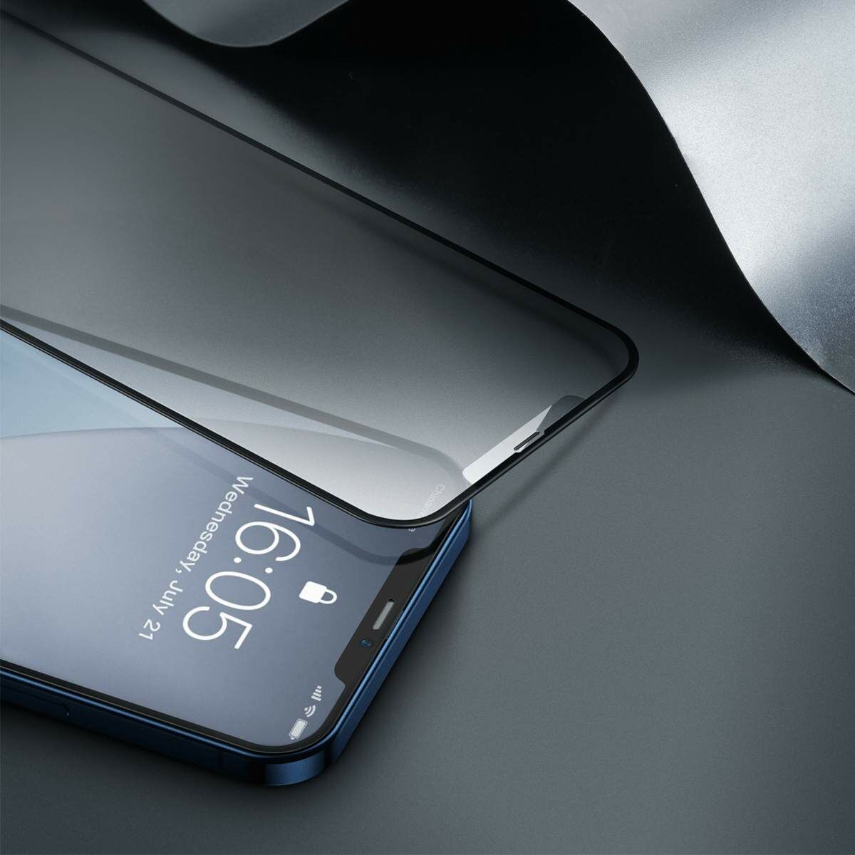 Kép 10/12 - Baseus iPhone 12 Pro Max 0.25 mm, teljes felületre, lekerekített, matt edzett üveg (2db), fekete (SGAPIPH67N-KM01)