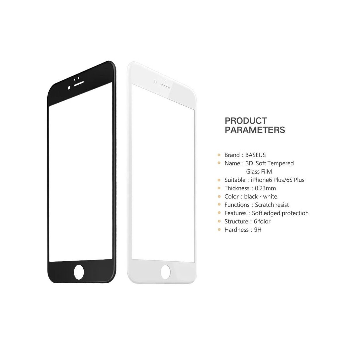 Baseus iPhone 6/6s Plus 0.23 mm, teljes felületre, Anti-break lekerekített edzett üveg kijelzővédő fólia, fekete (SGAPIPH6SP-DE01)