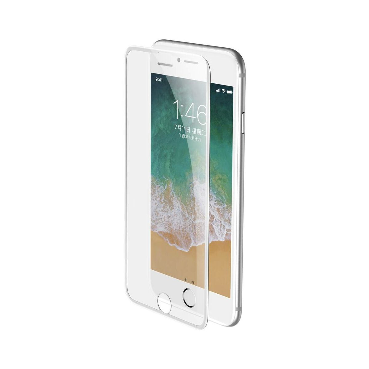 Kép 2/9 - Baseus iPhone 8/7/6 0.23 mm, teljes felületre lekerekített edzett üveg por elleni védelem, fehér (SGAPIPH8N-WA02)