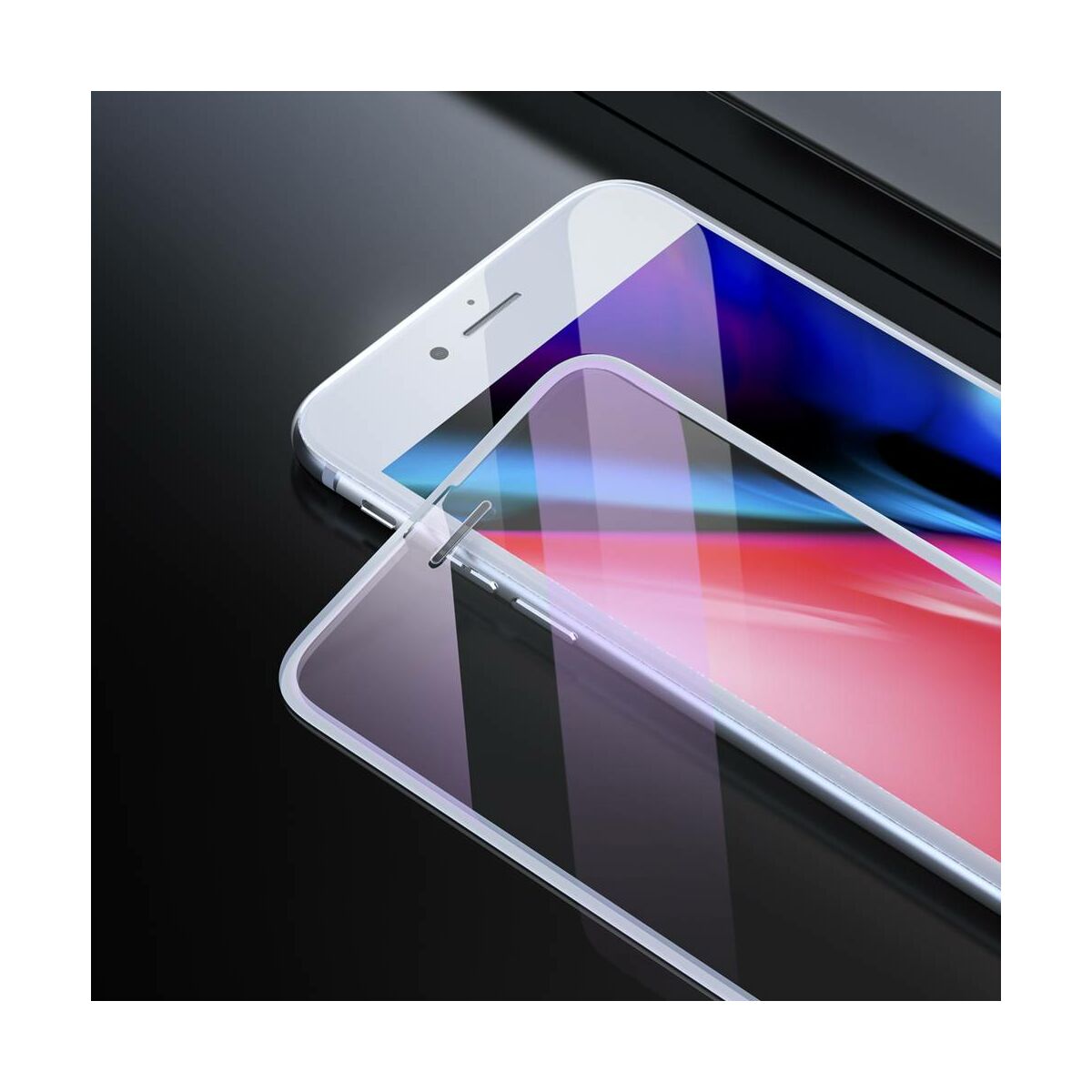 Kép 8/9 - Baseus iPhone 8/7/6 Plus 0.23 mm, teljes felületre lekerekített kékfény szűrős edzett üvegpor elleni védelem, fehér (SGAPIPH8P-WB02)