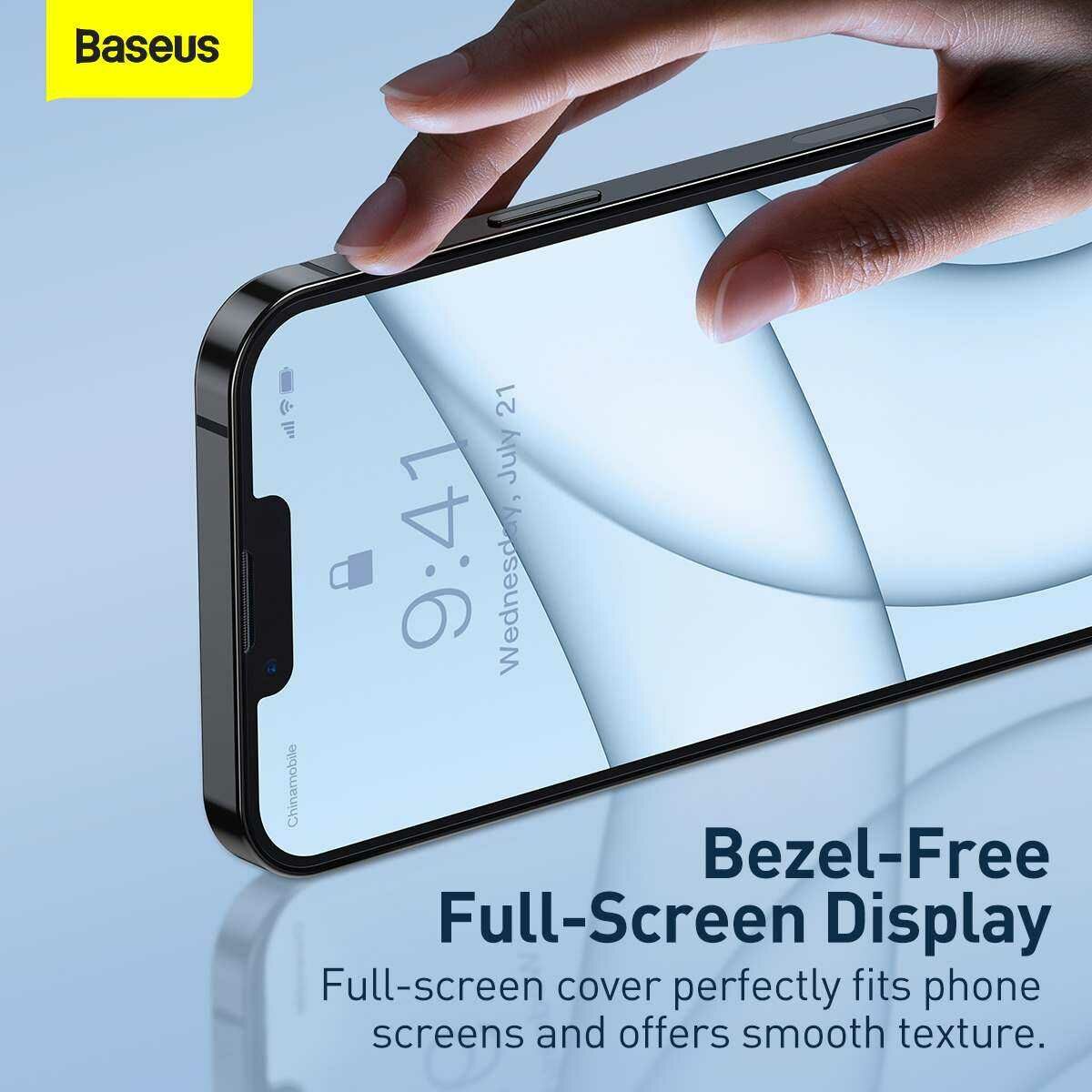 Kép 10/20 - Baseus iPhone 13 mini 0.3 mm Teljes üveg, Edzett üveg (2db / csomag + felhelyező keret), átlátszó (SGBL020002)