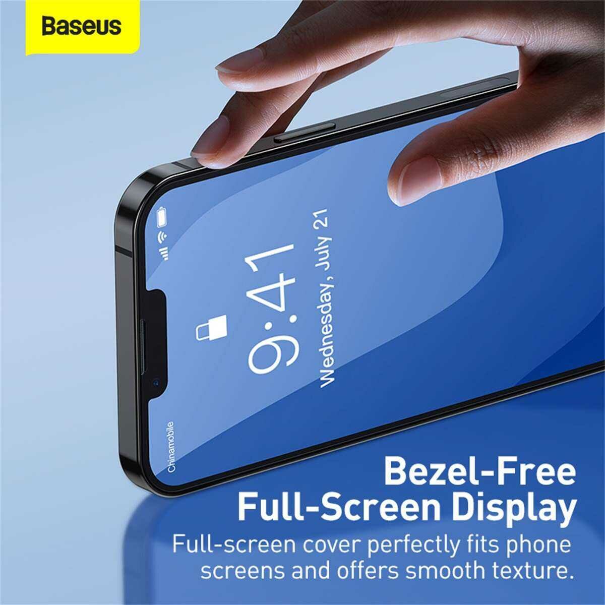 Baseus iPhone 13/13 Pro 0.3 mm Teljes üveg, Edzett üveg (2db / csomag + felhelyező keret), átlátszó (SGBL020102)
