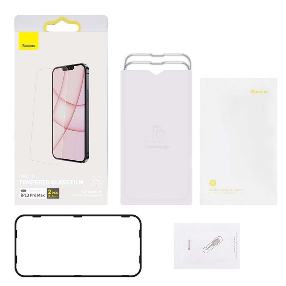 Kép 3/19 - Baseus iPhone 13 Pro Max 0.3 mm Teljes üveg, Edzett üveg (2db / csomag + felhelyező keret), átlátszó (SGBL020202)