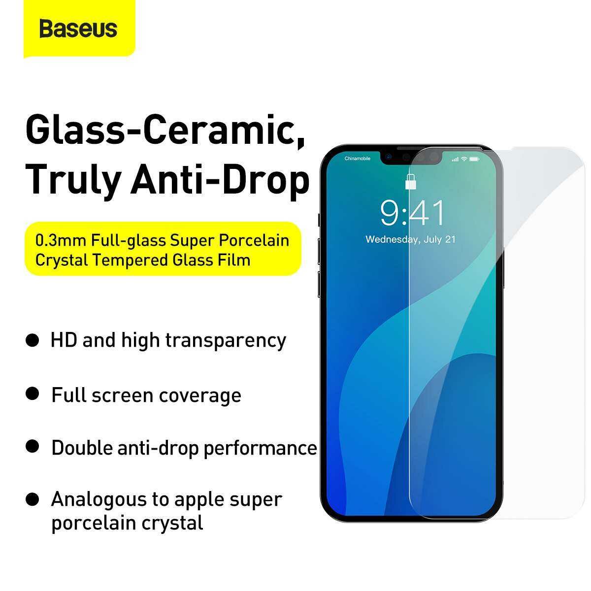 Kép 17/19 - Baseus iPhone 13 Pro Max 0.3 mm CY-YMS Teljes üveg, Super porcelain crystal Edzett üveg (2db/csomag+felhelyező keret), átlátszó (SGBL030202)