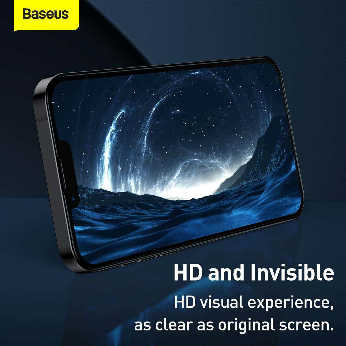 Kép 9/16 - Baseus iPhone 13 mini 0.3 mm Teljes kijelzős, Teljes üveg, Anti-blue light, Edzett üveg (2db/csomag + felhelyező keret), fekete (SGQP010301)