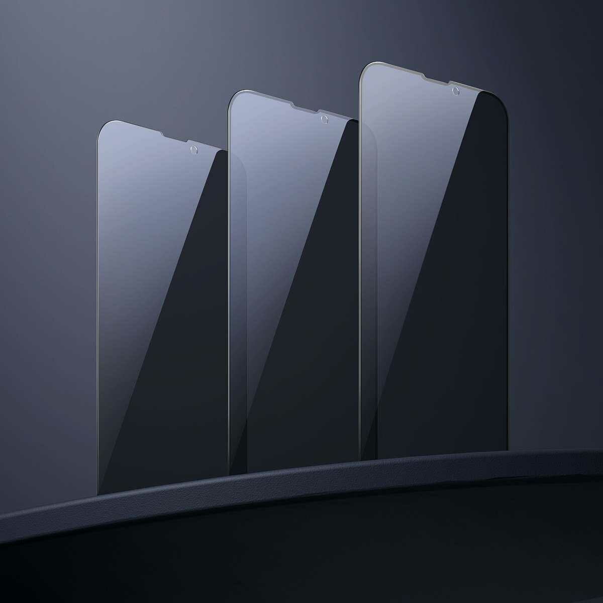 Baseus iPhone 13/13 Pro 0.3 mm Teljes kijelzős, Teljes üveg, Anti-spy func./Betekint.ellen, Edzett üv (2db/cs+f.keret), fekete SGQP010701