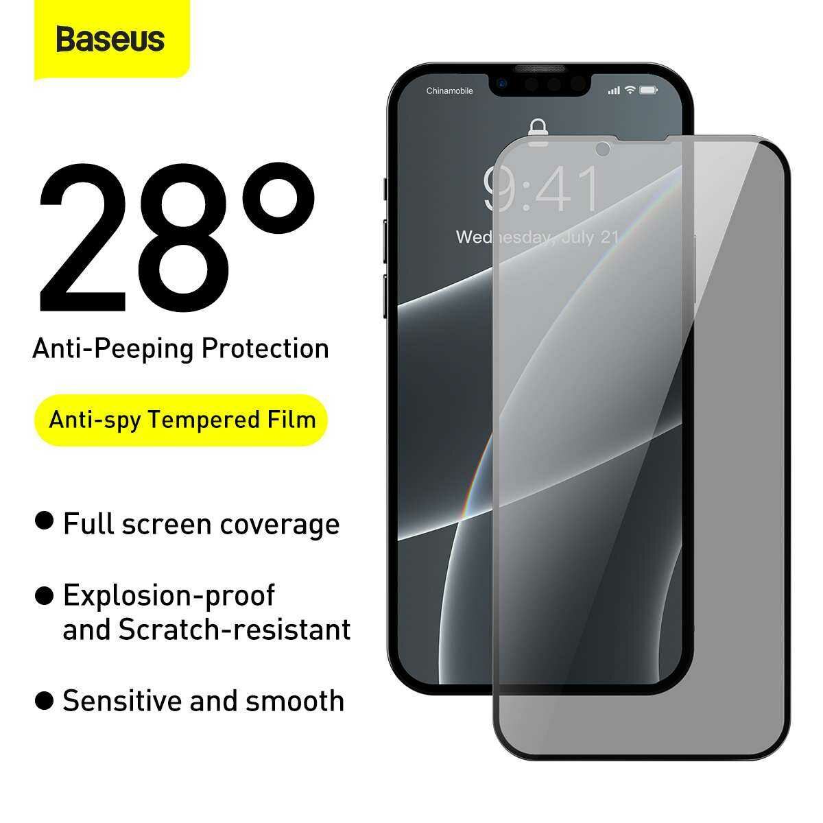 Baseus iPhone 13/13 Pro 0.3 mm Teljes kijelzős, Teljes üveg, Anti-spy func./Betekint.ellen, Edzett üv (2db/cs+f.keret), fekete SGQP010701