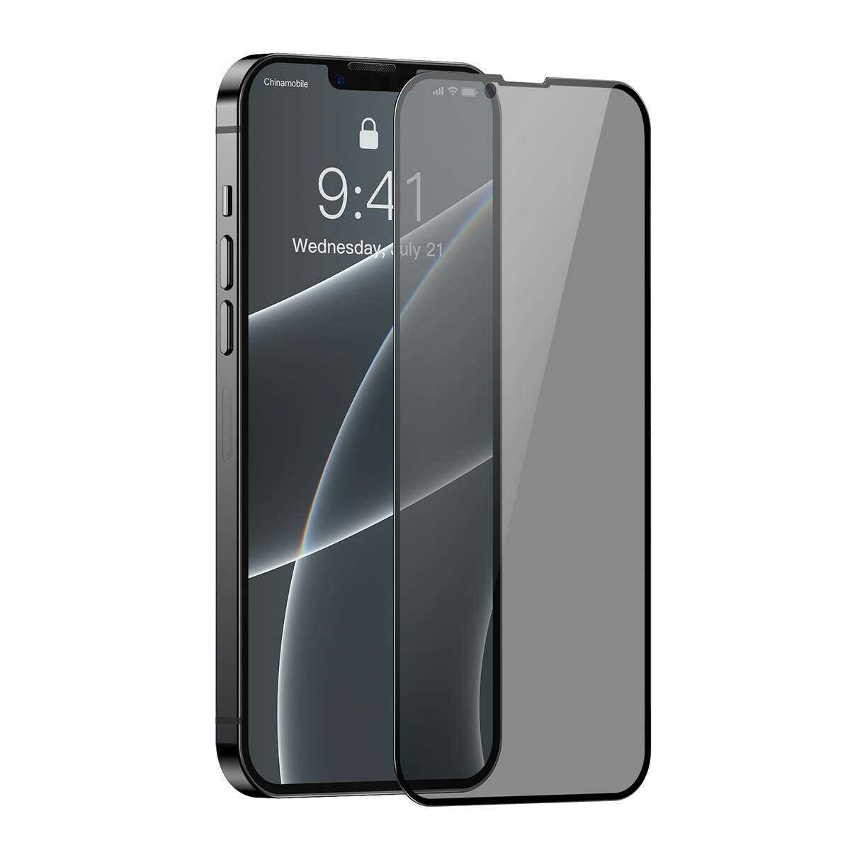 Kép 13/16 - Baseus iPhone 13/13 Pro 0.3 mm Teljes kijelzős, Teljes üveg, Anti-spy func./Betekint.ellen, Edzett üv (2db/cs+f.keret), fekete SGQP010701