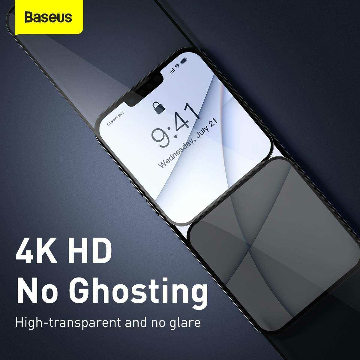 Baseus iPhone 13 Pro Max 0.3 mm Teljes kijelzős, Teljes üveg, Anti-spy function/Betekintés ellen, Edz.üv (2db/cs+f.keret), fekete SGQP010801