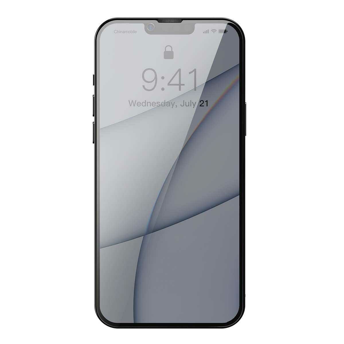 Baseus iPhone 13 Pro Max 0.3 mm Teljes kijelzős, Teljes üveg, Anti-spy function/Betekintés ellen, Edz.üv (2db/cs+f.keret), fekete SGQP010801