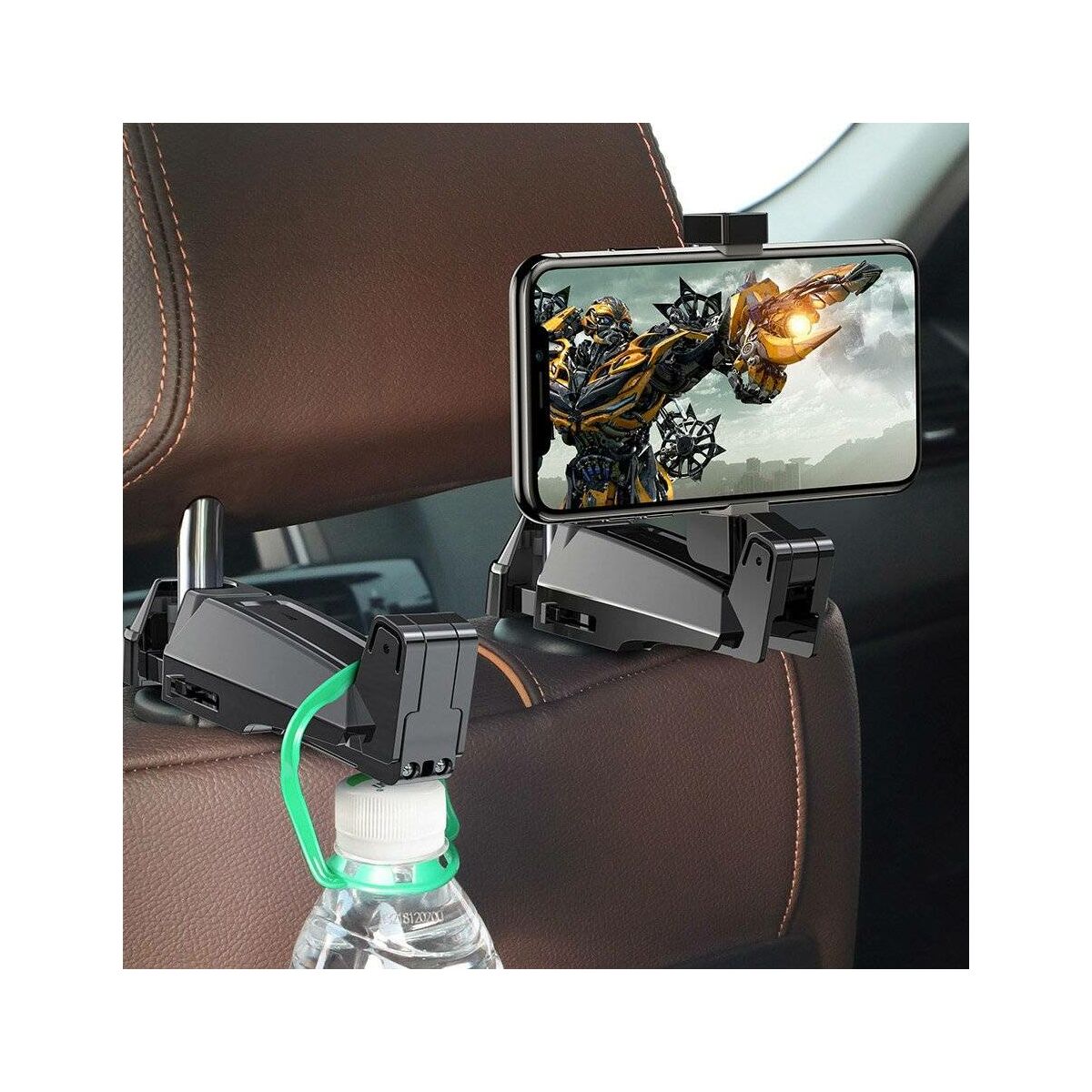 Kép 5/8 - Baseus autós telefontartó, Első ülés fejtámlához rögzíthető készülék tartó, ruha akasztóval 4.0-6.5 inch méretig, fekete (SUHZ-A01)
