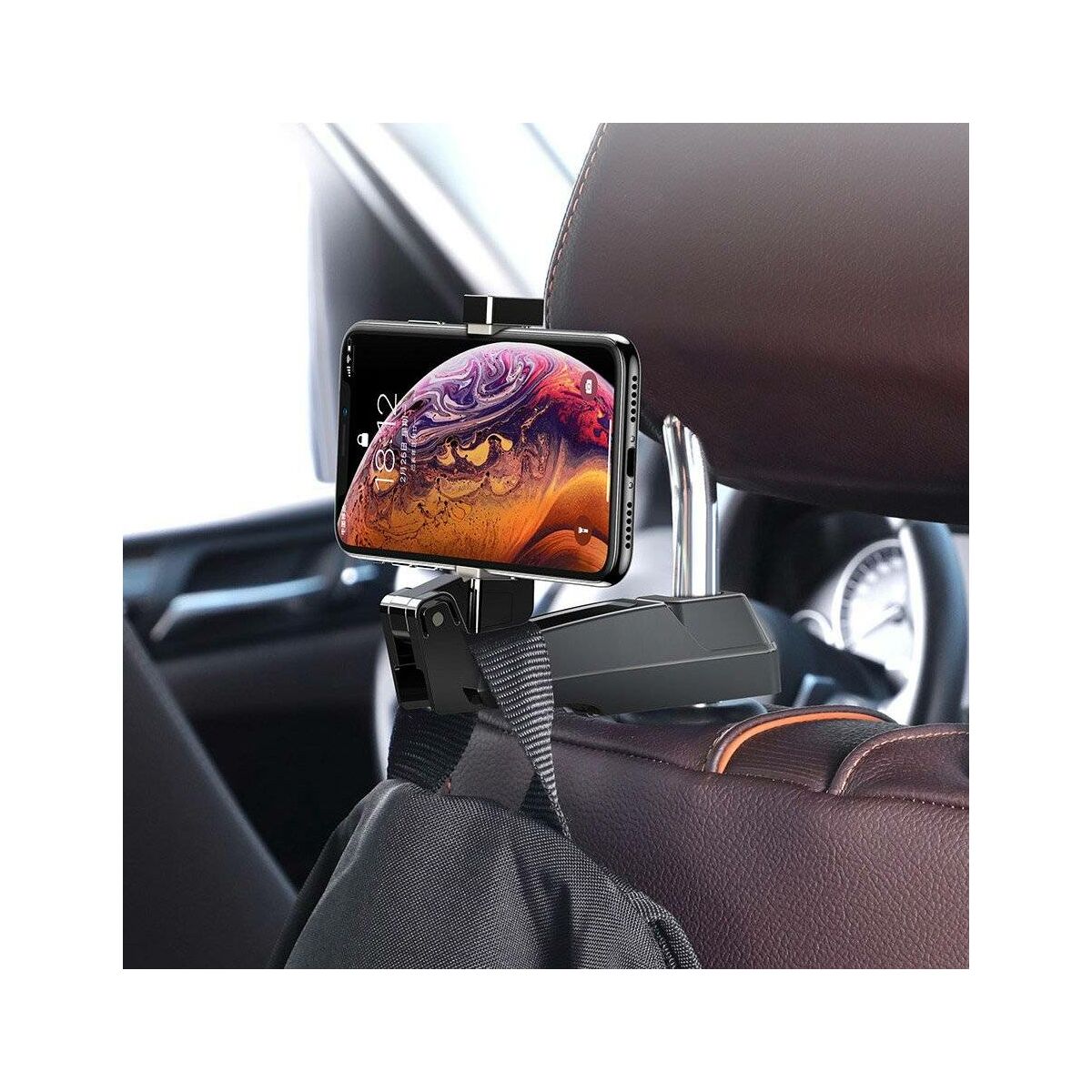 Kép 6/8 - Baseus autós telefontartó, Első ülés fejtámlához rögzíthető készülék tartó, ruha akasztóval 4.0-6.5 inch méretig, fekete (SUHZ-A01)