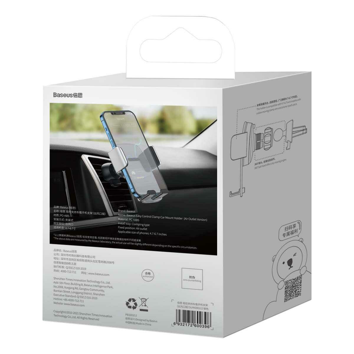 Kép 2/18 - Baseus autós telefontartó, Easy Control Clamp Holder (szellőzőrácsra szerelhető), ezüst (SUYK000112)