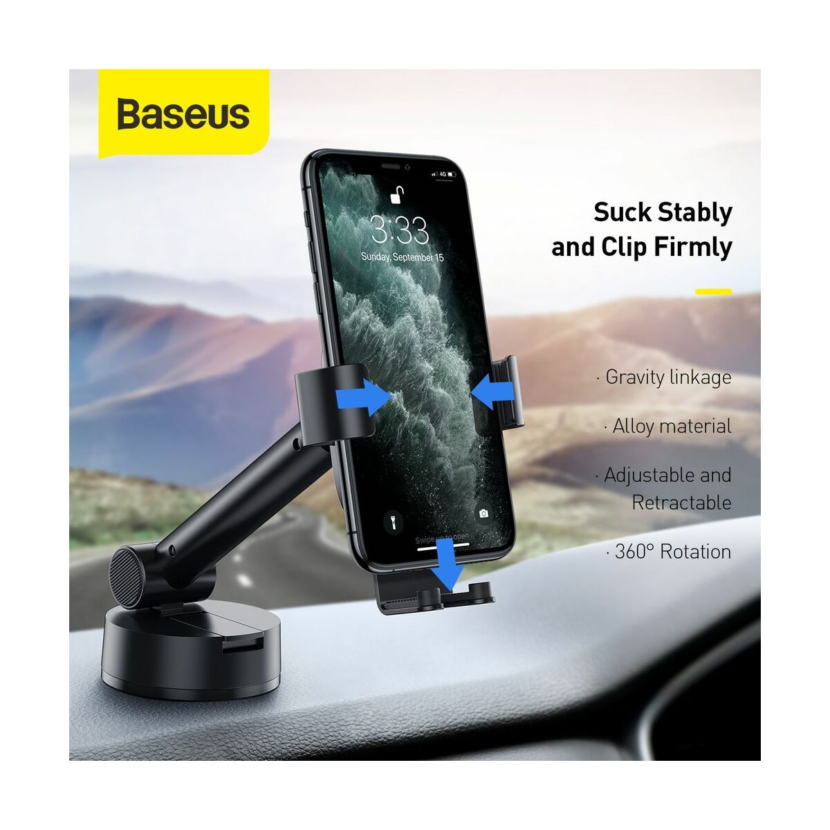 Baseus autós telefon tartó, Simplism Gravity, műszerfalra vagy szélvédőre helyezhető, fekete (SUYL-JY01)