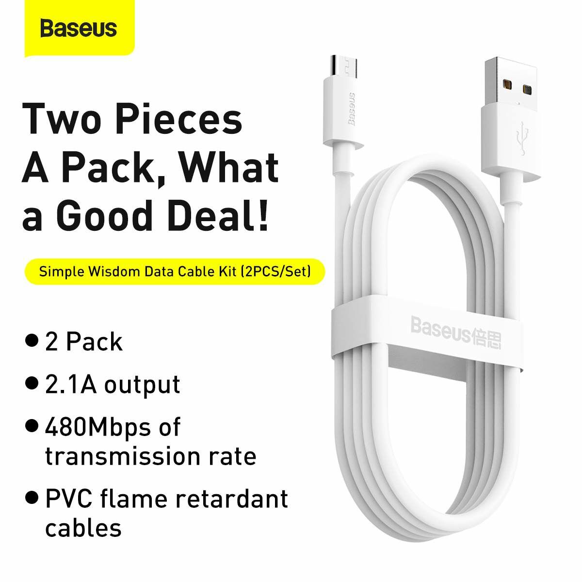 Kép 12/13 - Baseus, Micro USB kábel, Simple Wisdom, (2db/ csomag) 2,1A, 1.5m, fehér (TZCAMZJ-02)